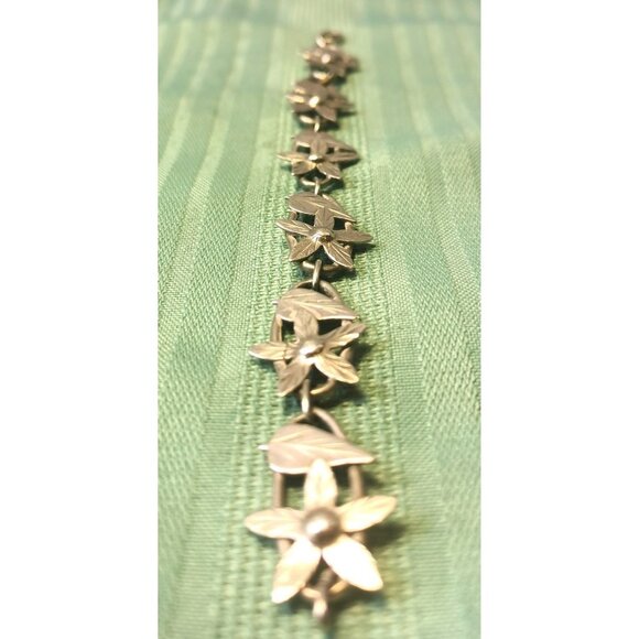 Vintage 1970s Sterling Silver Flower Leaf Bracelet 7” 15g Nature Motif Medium - Picture 6 of 8